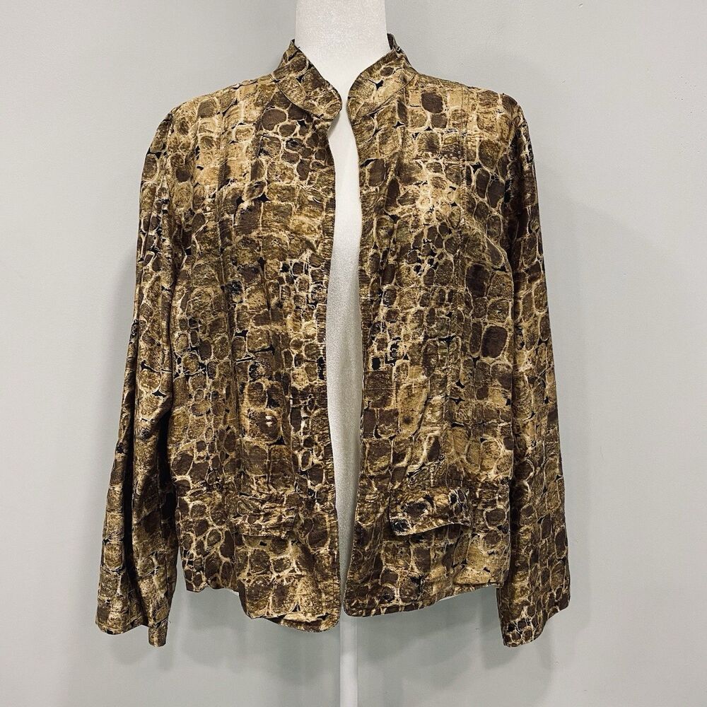 Chico's 3 100% Silk Lightweight Open Jacket Brown Gold Abstract Animal Print XL